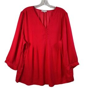 Carolina Belle Red Polka Dot V Neck Button Front Tunic Top Blouse Women Plus